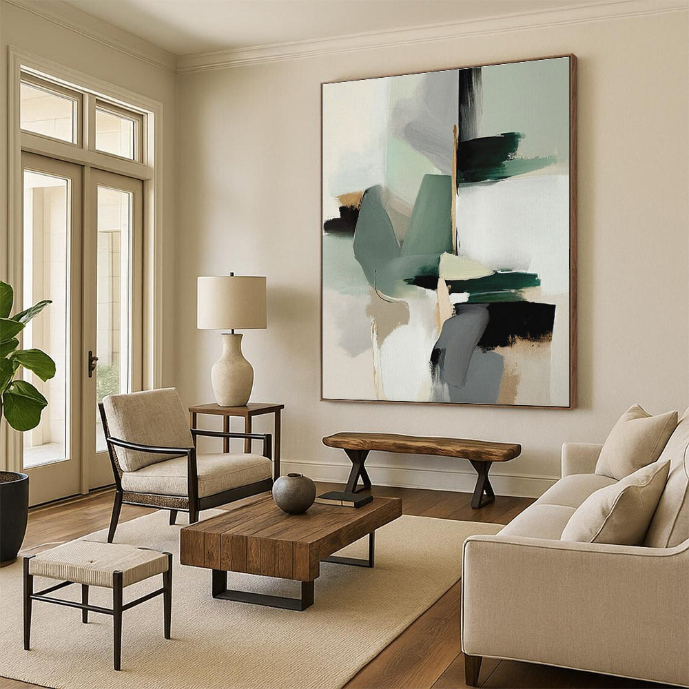 Muted Green, Gray & Beige Shapes, “Subtle Harmony” - Abstract Geometric Acrylic Painting CT0746