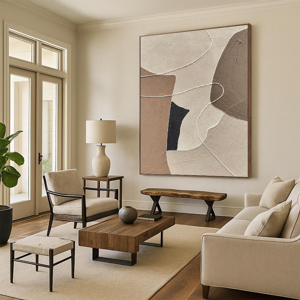 “Neutral - Toned Abstract with White Lines and Shapes” - Minimalist Textured Painting On Canvas DKH1112
