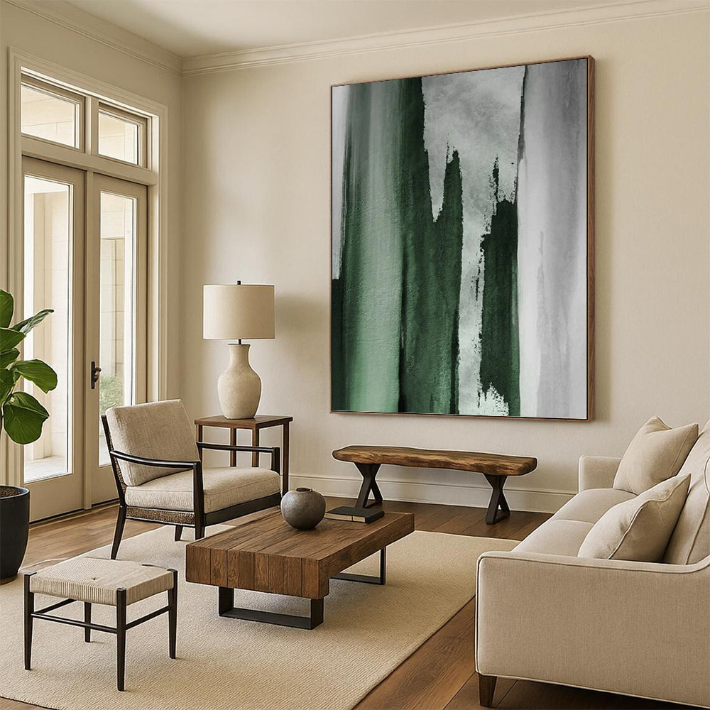 “Green & Gray Abstract Strokes” - Green & Gray Abstract Painting On Canvas DKH1216