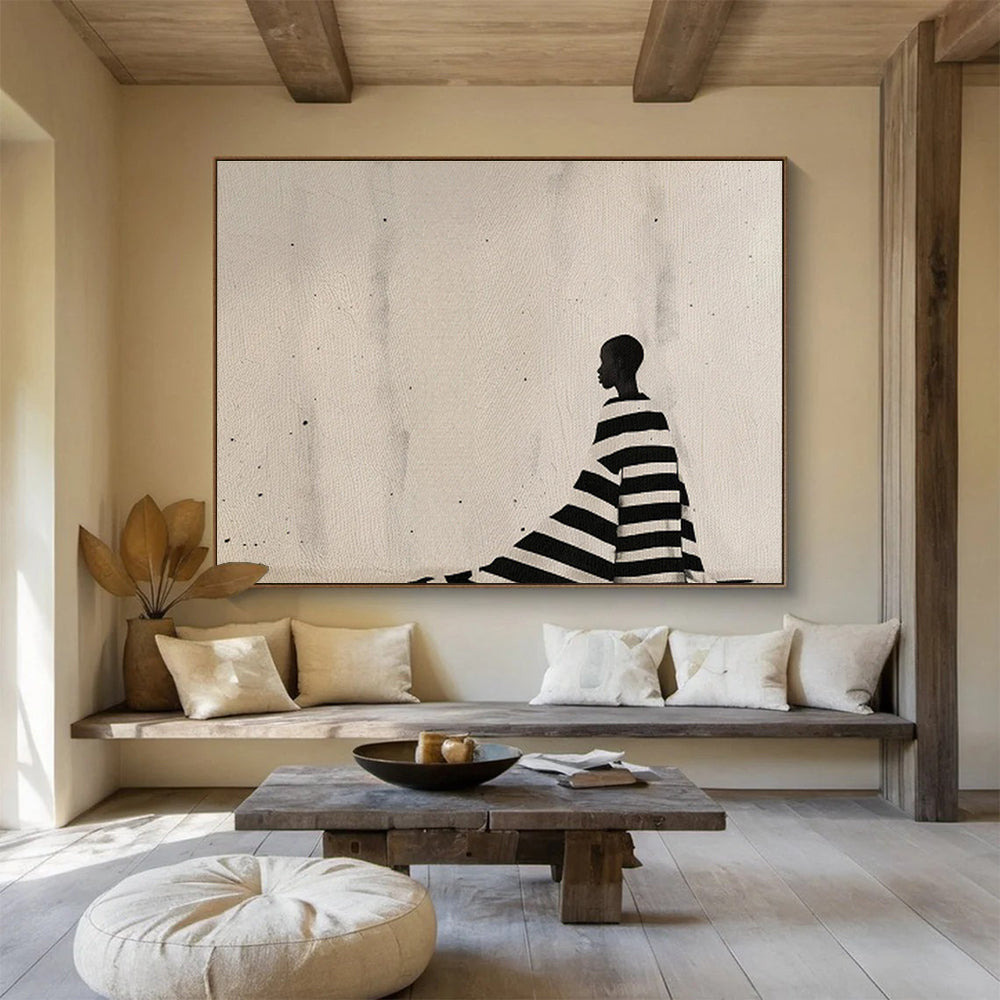 Silhouette in Striped Cloak Black - and - White Painting On Canvas DKH228