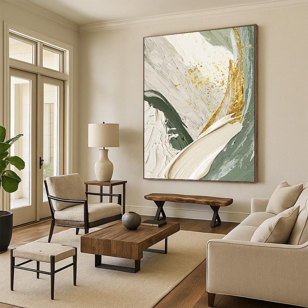Green, White, and Gold Abstract - Abstract Painting On Canvas DKH1495
