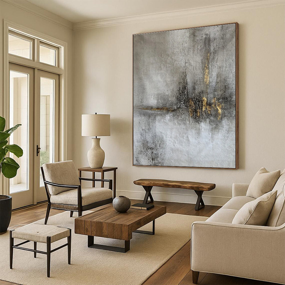 “Gold Accent on Gray” ,Minimalist Abstract Mixed - Media CT0900