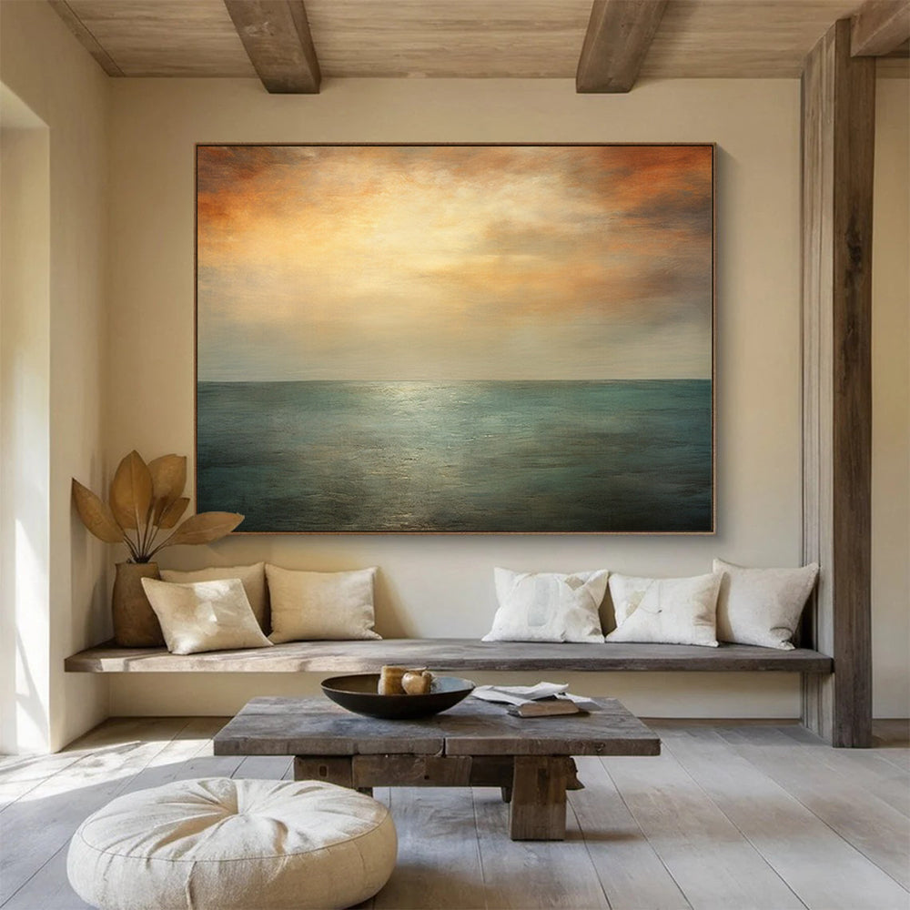 “Orange, Teal, Gray Seaside ‘Eternal Sunset’” - Abstract Seascape Painting On Canvas DLZ010