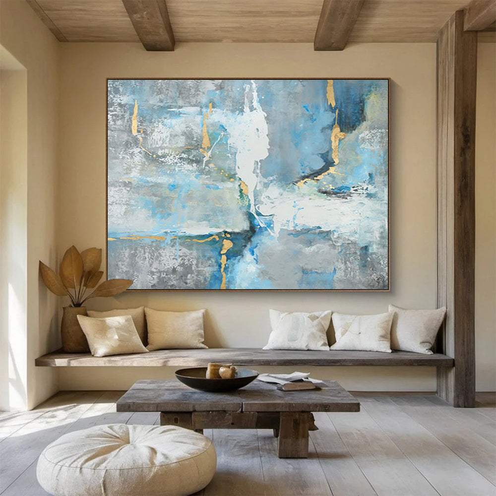 “Blue & Gold Abstract Flow” - Blue, Gray, Gold Abstract Expressionist Painting On Canvas DKH756