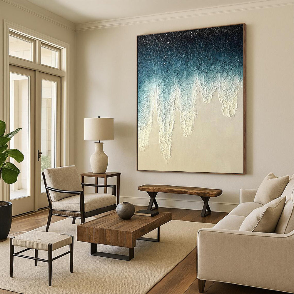 “Blue, White Dripping Texture ‘Celestial Tears’” - Impasto Abstract Painting On Canvas DTP343