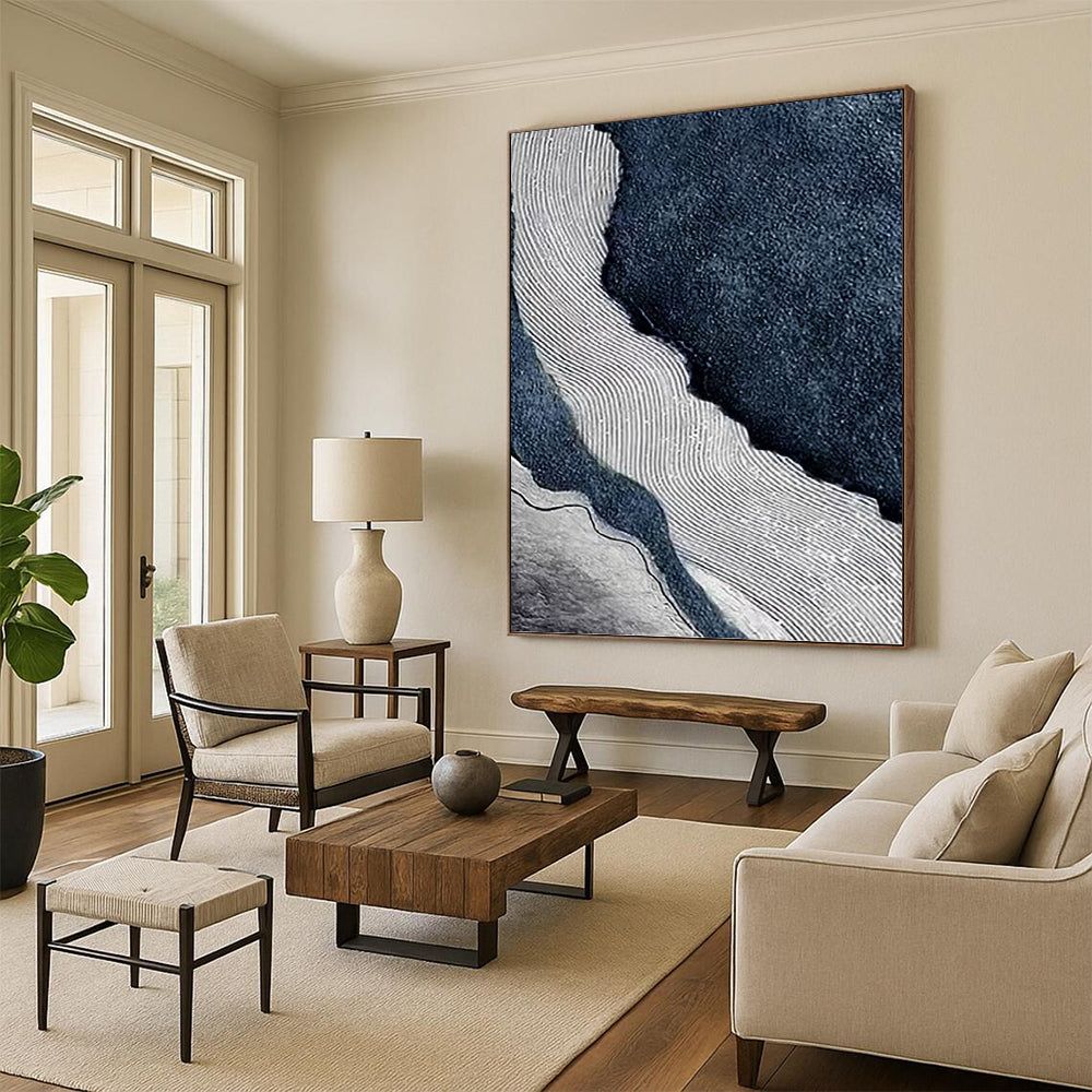 “Rippled River” - Blue, White & Gray Abstract Flowing Lines Painting On Canvas DKH1536