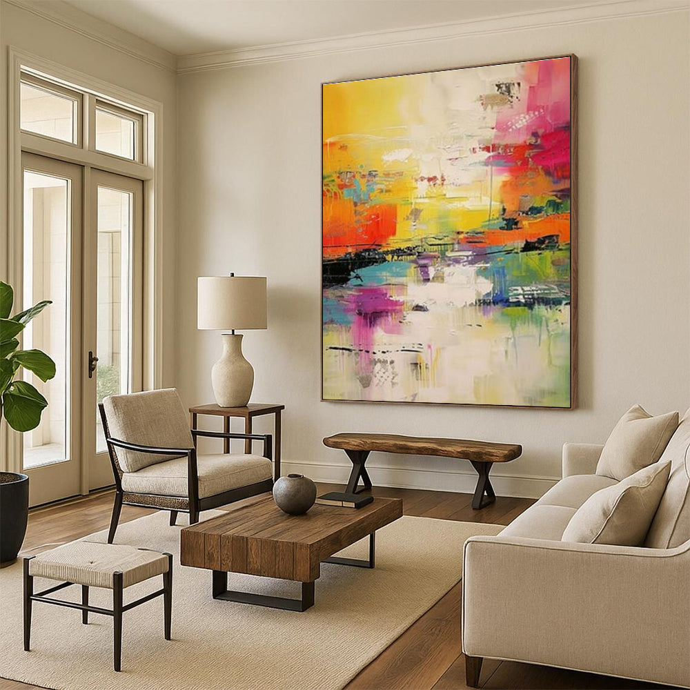 “Fiery Oranges, Pinks, and Cool Reflections” - “Sunset Rhapsody”,Abstract Acrylic Painting CT0699