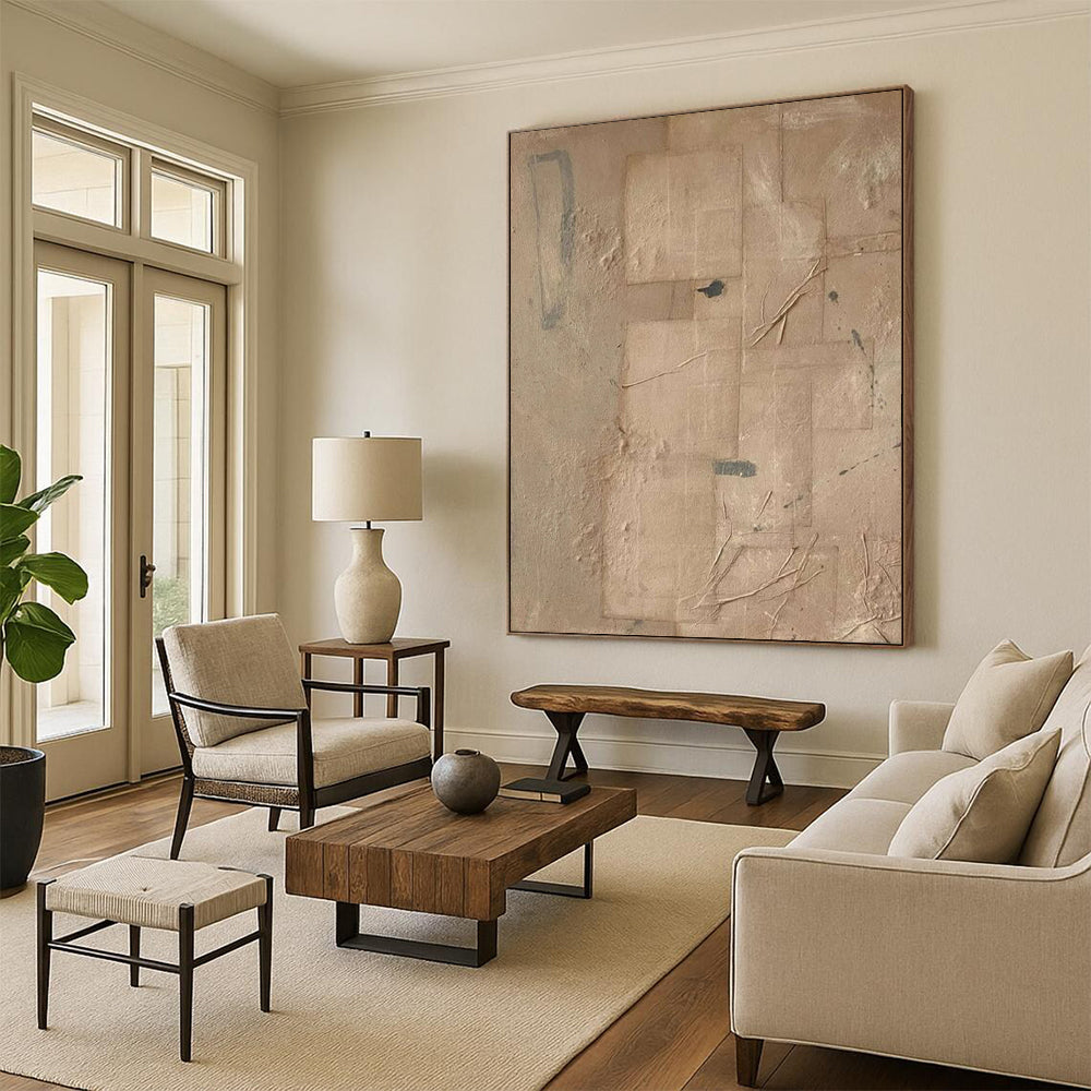 “Beige, Gray Textured Collage ‘Earthly Layers’” - Mixed - Media Abstract Painting On Canvas DTP336