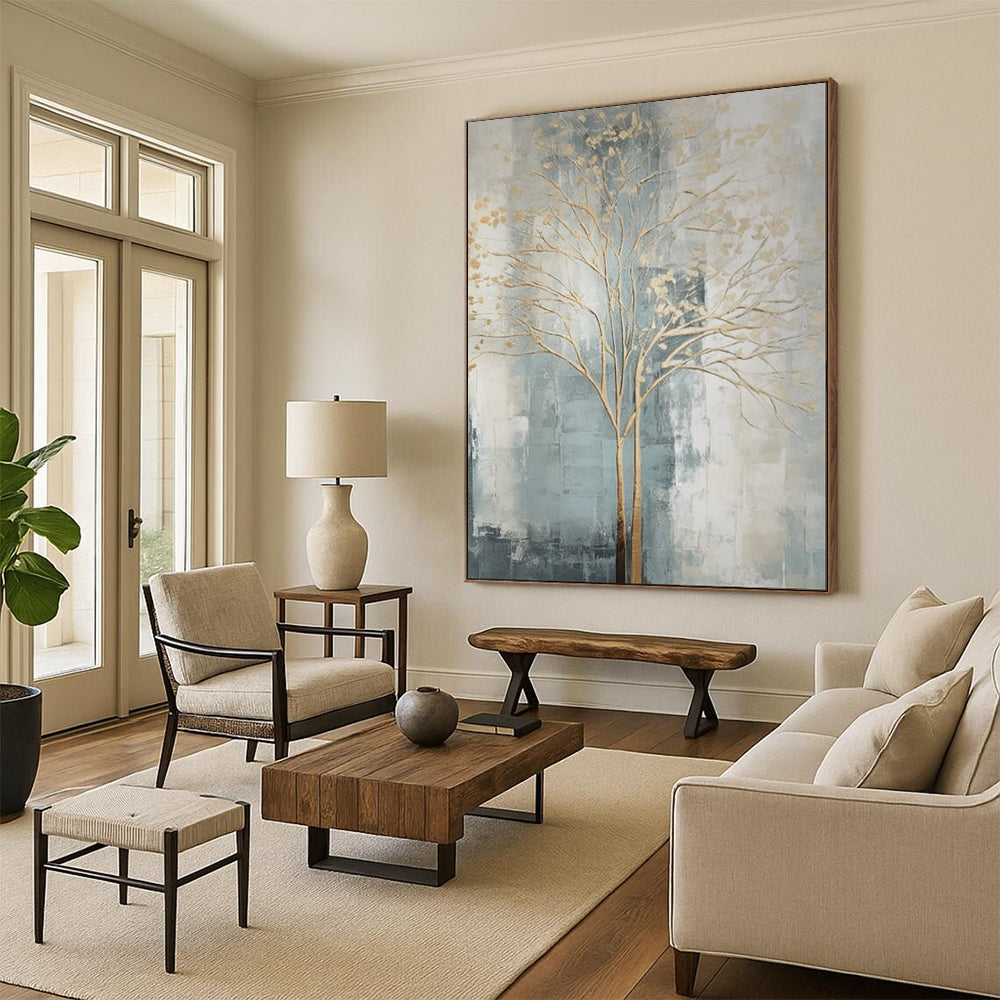 Gold Tree, Blue - Grey Background - "Gilded Growth" - Abstract Landscape Painting CT1838