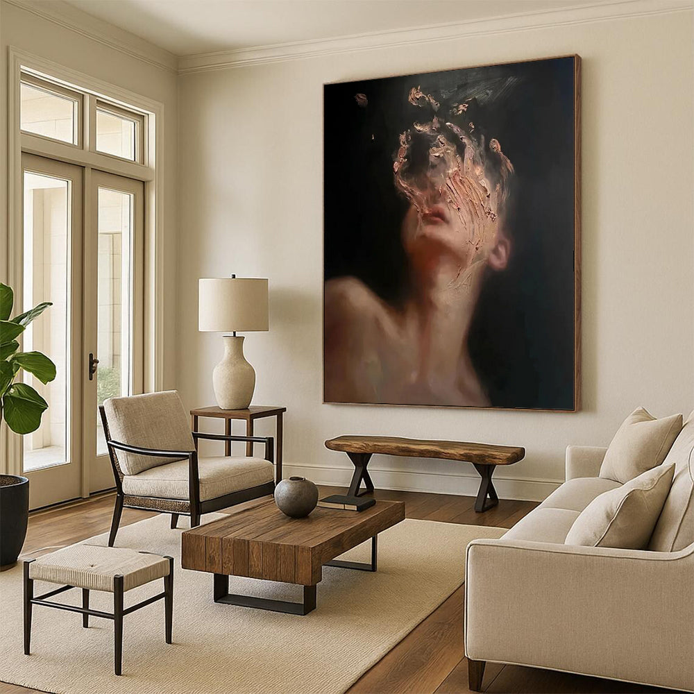 “Black, Beige, Gold Abstract Portrait ‘Ethereal Face’” - Textured Figurative Painting On Canvas DTP315