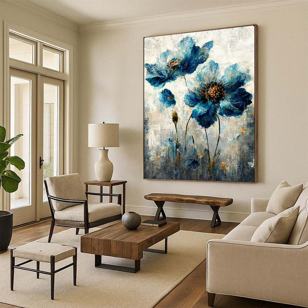“Textured Blue Flowers” – Impasto Floral Oil Painting On Canvas CT2169