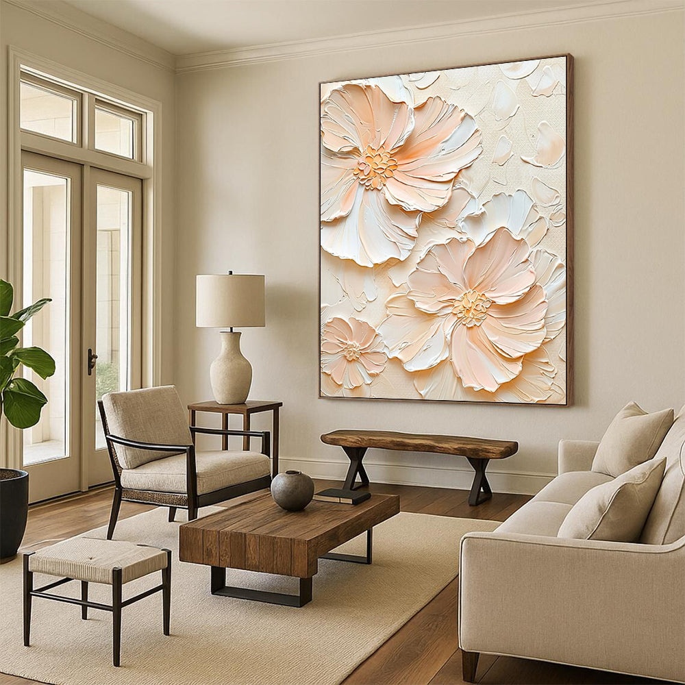 Peach - Colored Floral Relief - Impasto Flower Painting On Canvas DKH1389