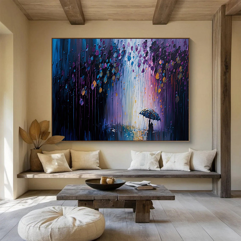 Rainy Night Stroll - Purple & Blue Impressionistic Cityscape Painting On Canvas DKH876