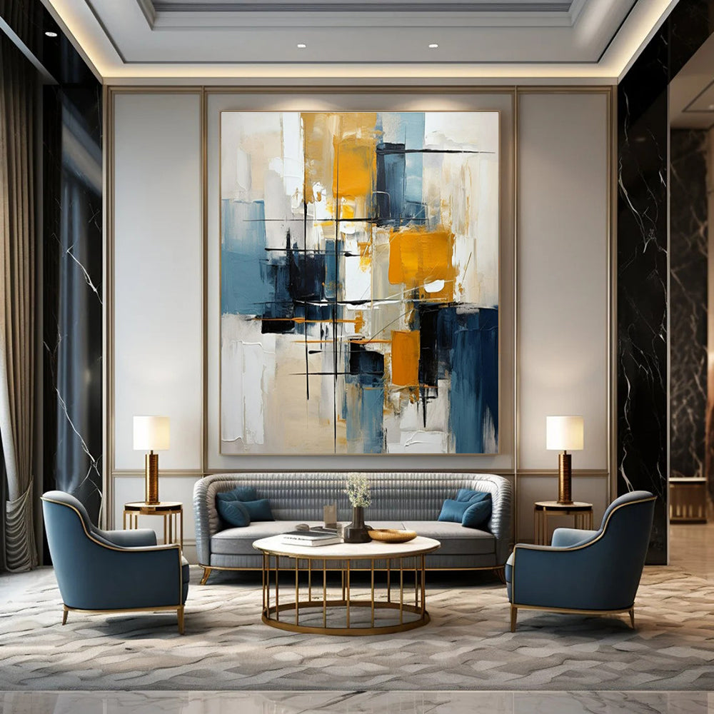 Vibrant Yellows, Blues & Neutrals, Dynamic Lines - "Urban Rhythm" - Abstract Oil Painting CT1435