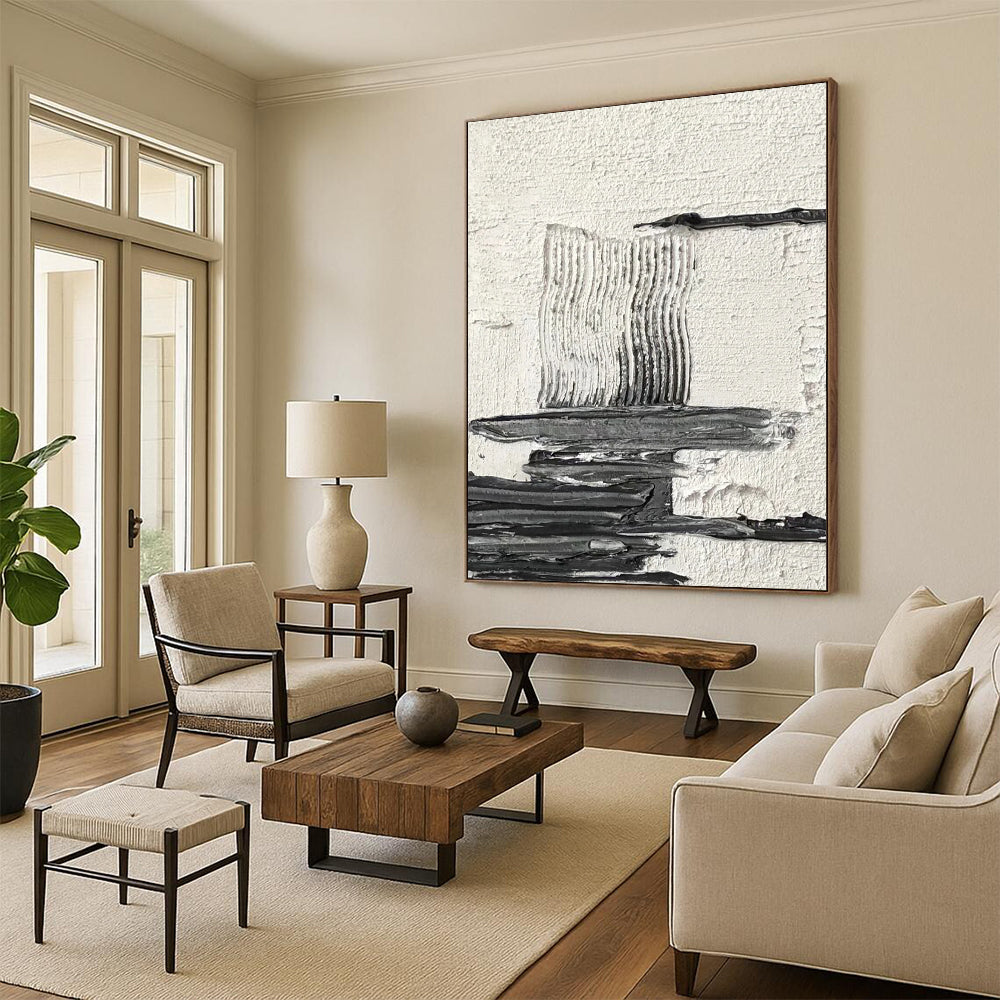 “White, Black Textured Layers ‘Calm Complexity’” - Impasto Abstract Painting On Canvas DTP388