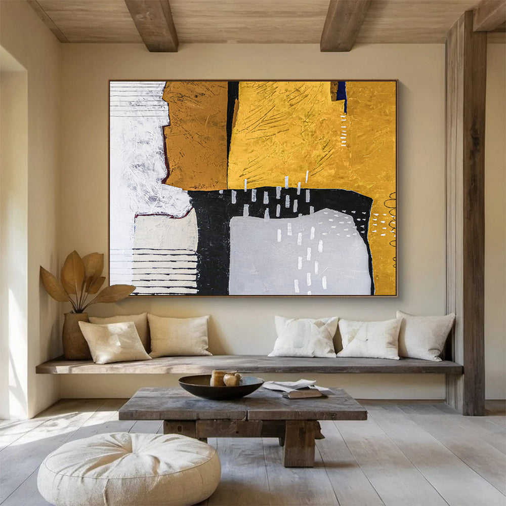 Earthy Geometric Collage in Mustard, Black, and Cream, Abstract Mixed - Media Painting On Canvas DKH574
