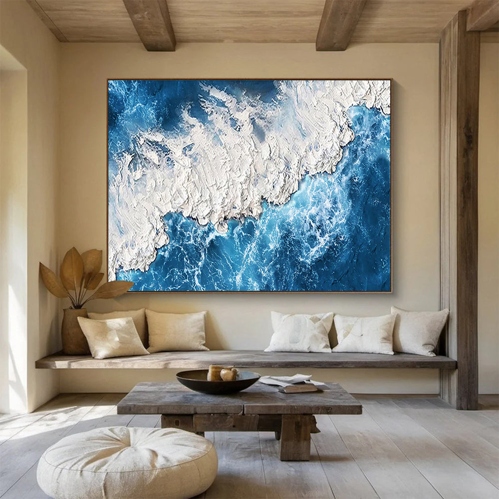 “Textured Blue and White Coastline” - Impressionistic Seascape Painting On Canvas DKH785