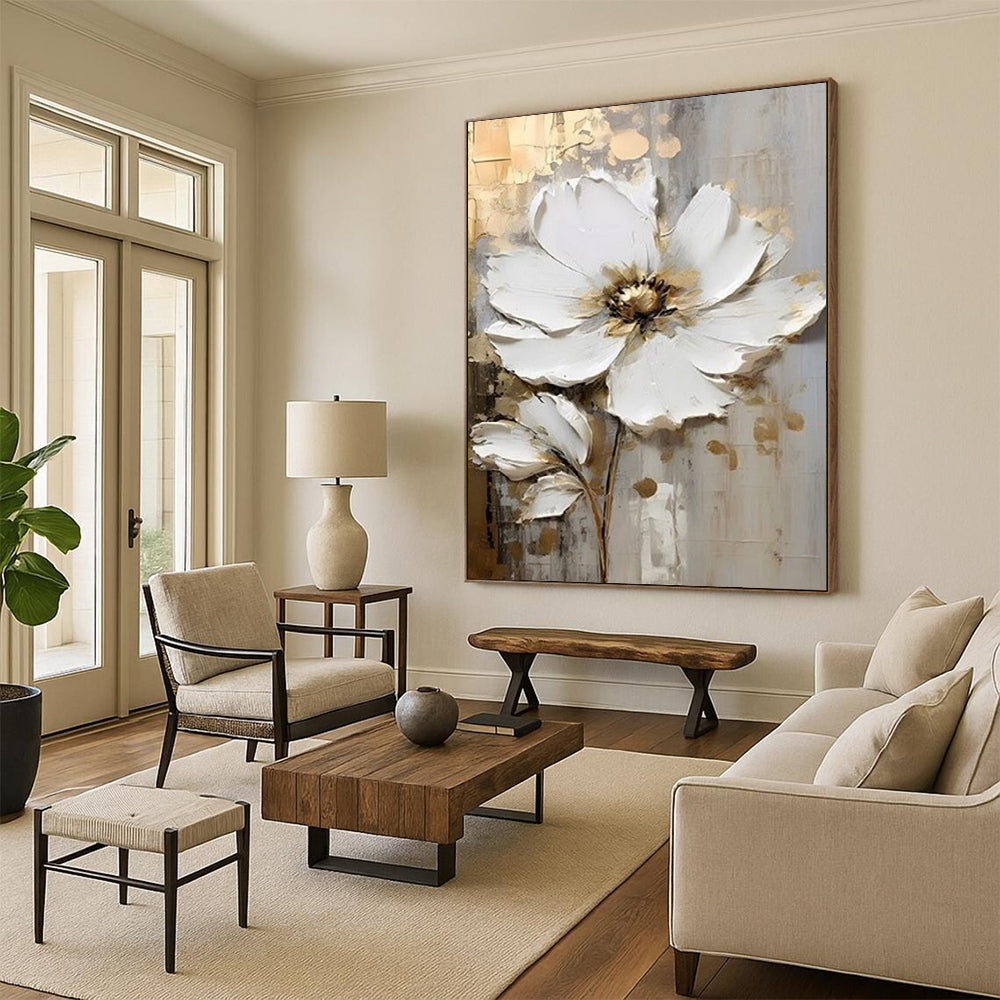 “Textured White Floral” - White, Gold, Gray 3D Flower Painting On Canvas DTP300