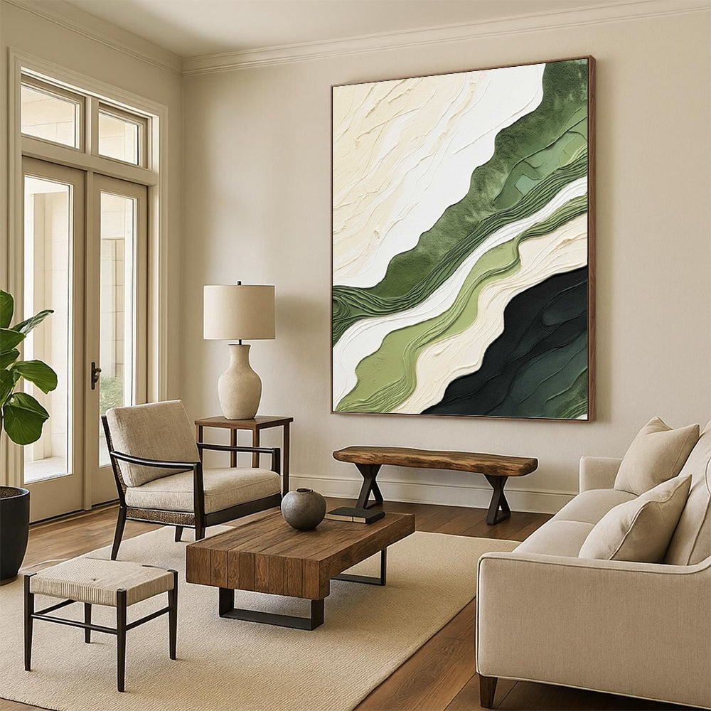 Layered Green and Beige Abstract Landscape - Abstract Painting On Canvas DKH1486