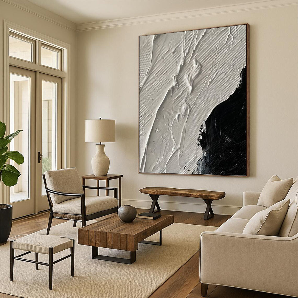 White and Black Textured Contrast - Abstract Painting On Canvas DKH1328