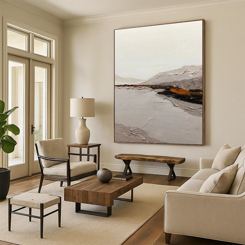 “Gray, Orange Textured Landscape ‘Misty Valley’” - Impasto Landscape Painting On Canvas DTP401