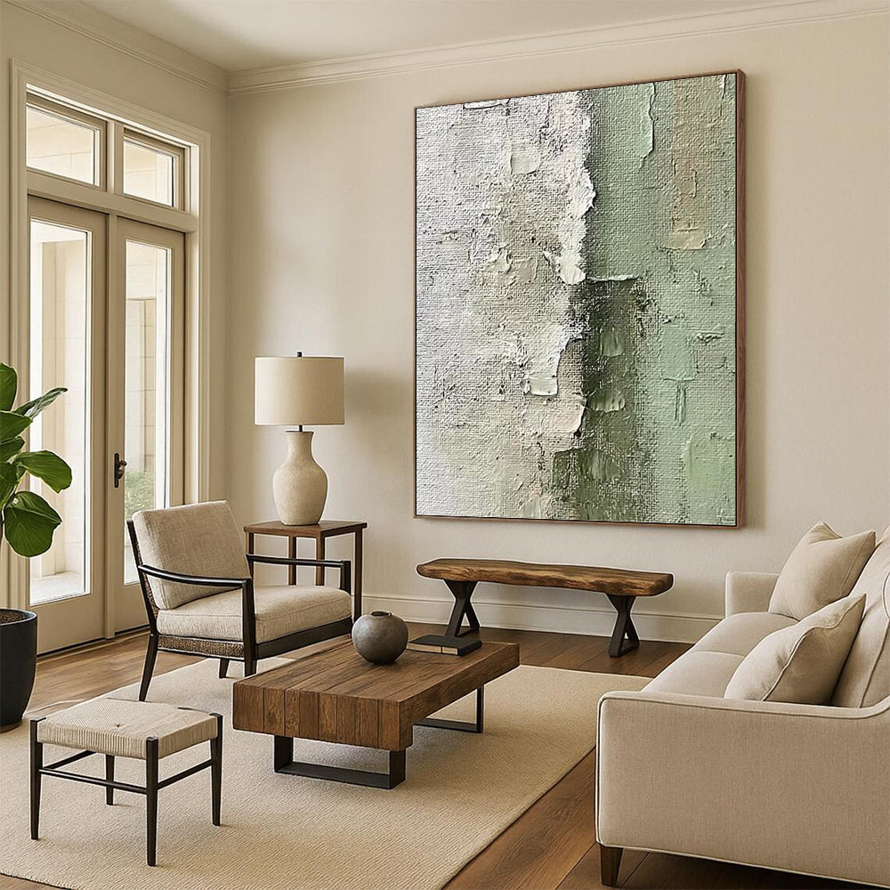 “Textured Green & White Abstract” - Green, White & Gray Minimalist Painting On Canvas DKH1002