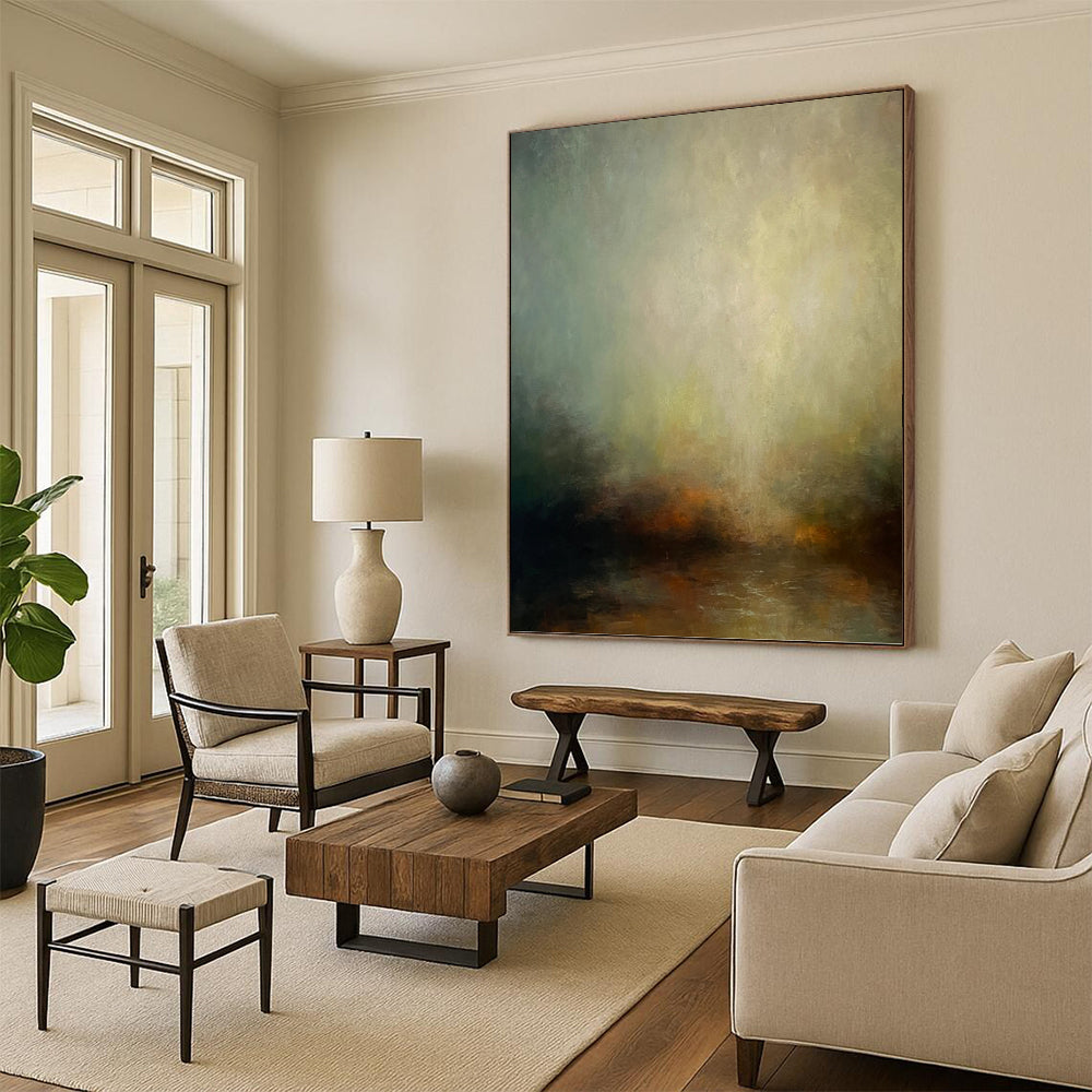 “Ethereal Glow” - Green, Yellow, Gray & Brown Abstract Landscape Painting On Canvas DKH1535