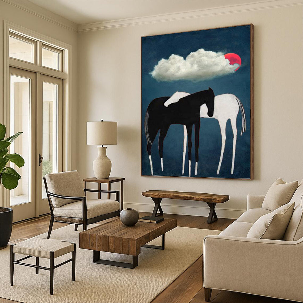 Black and White Horses Under Red Moon and Cloud - Equine Painting On Canvas DKH1418