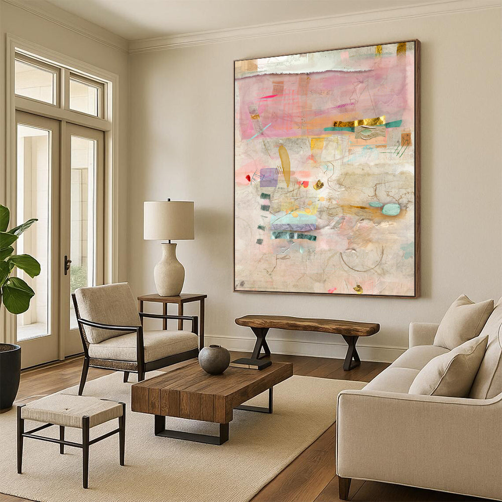 Pink, Gold, Mixed Media - "Elegant Chaos" - Mixed - media Abstract Art CT1853