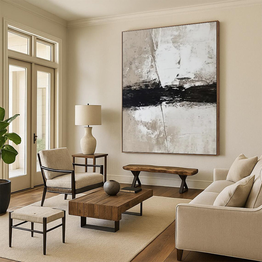 “Beige, White & Black Textured Abstract Strokes” Painting On Canvas DKH0976