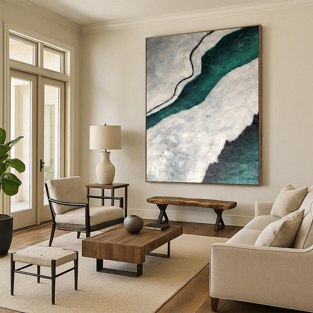 “Gray, Teal, Black Textured River ‘Ethereal Flow’” - Impasto Abstract Painting On Canvas DTP403