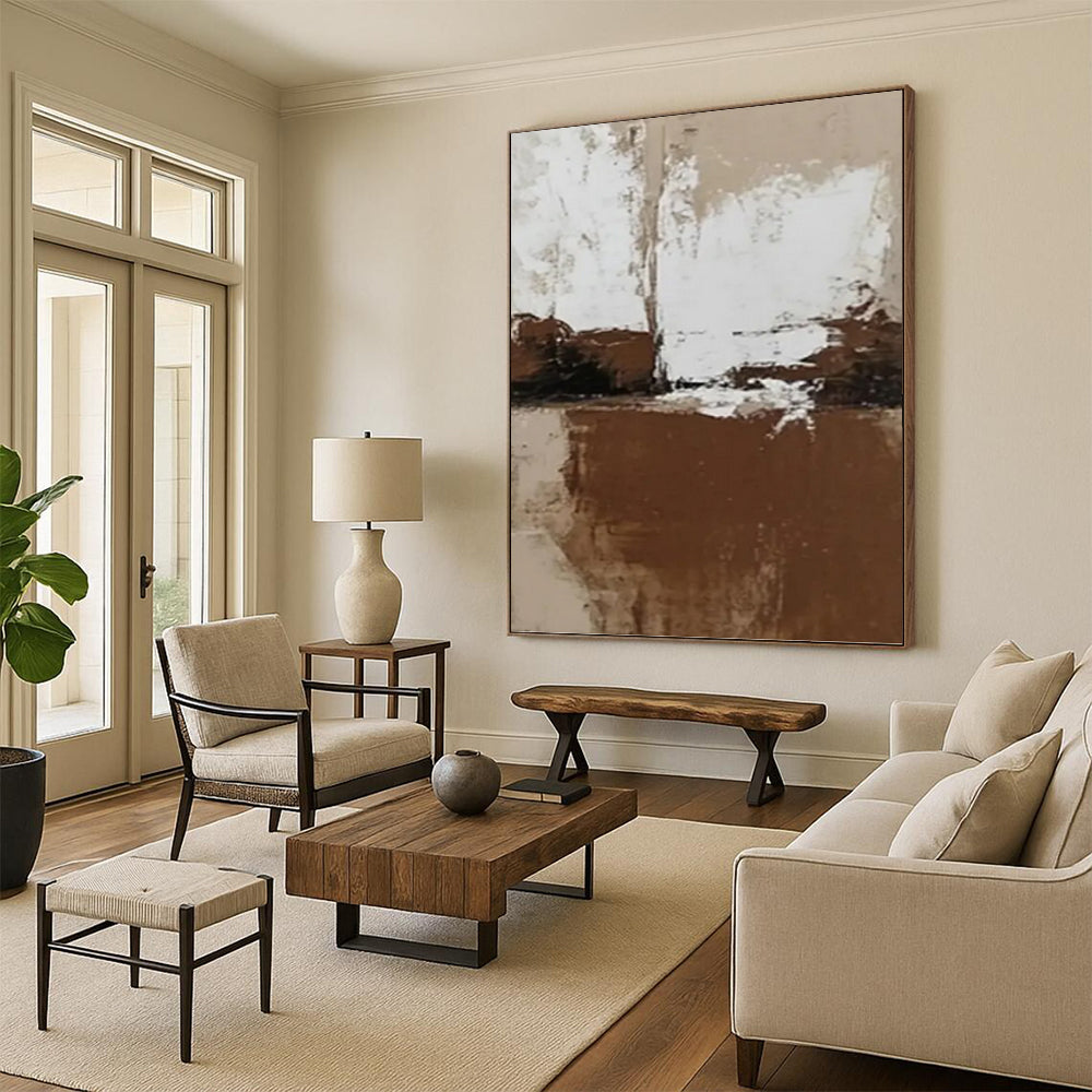 “Brown - White Abstract Simplicity” - Brown & White Minimalist Painting On Canvas DKH0975