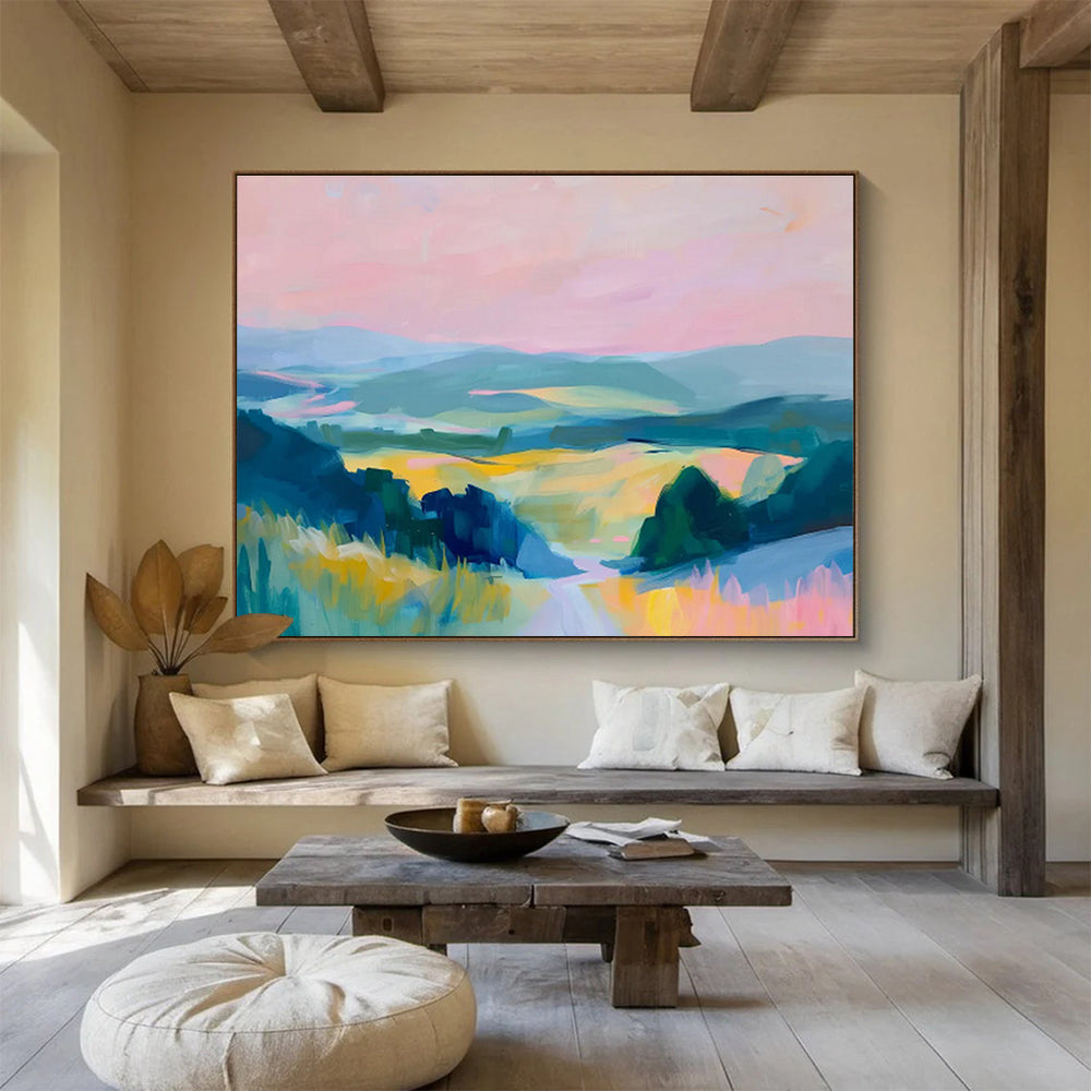 Vibrant Valley Vista Pink Blue Green Landscape Painting On Canvas DKH210