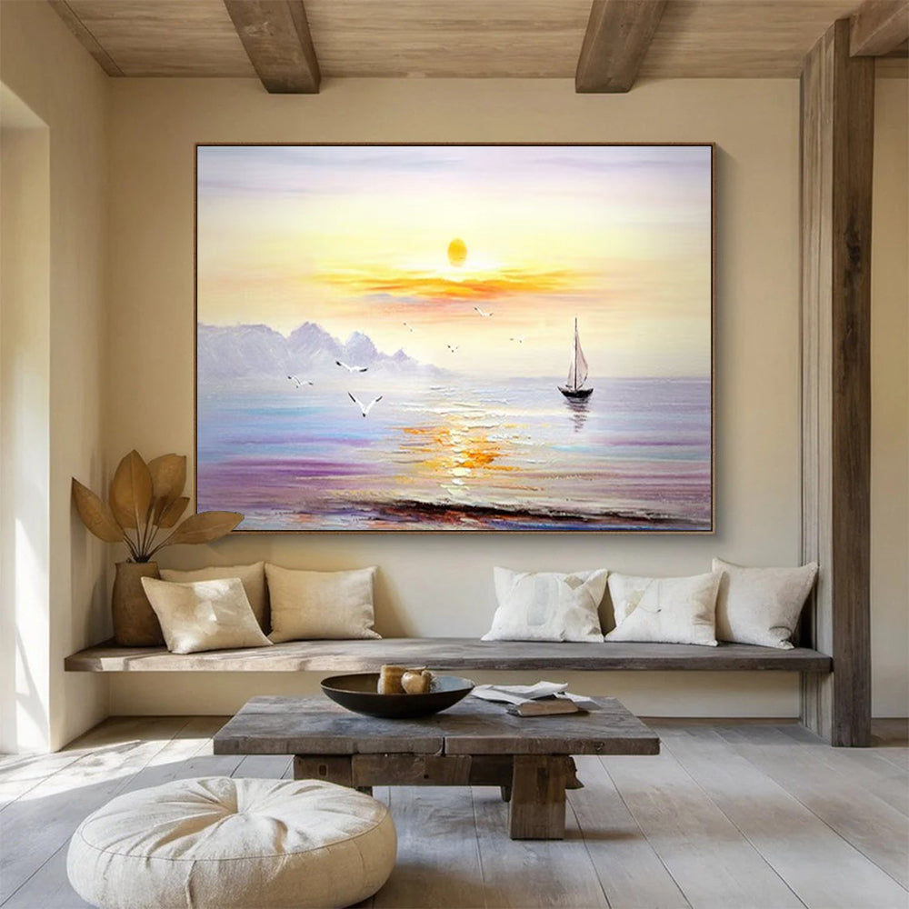 Sunset Sea Sailboat - Impressionist Seascape Painting On Canvas DLZ181