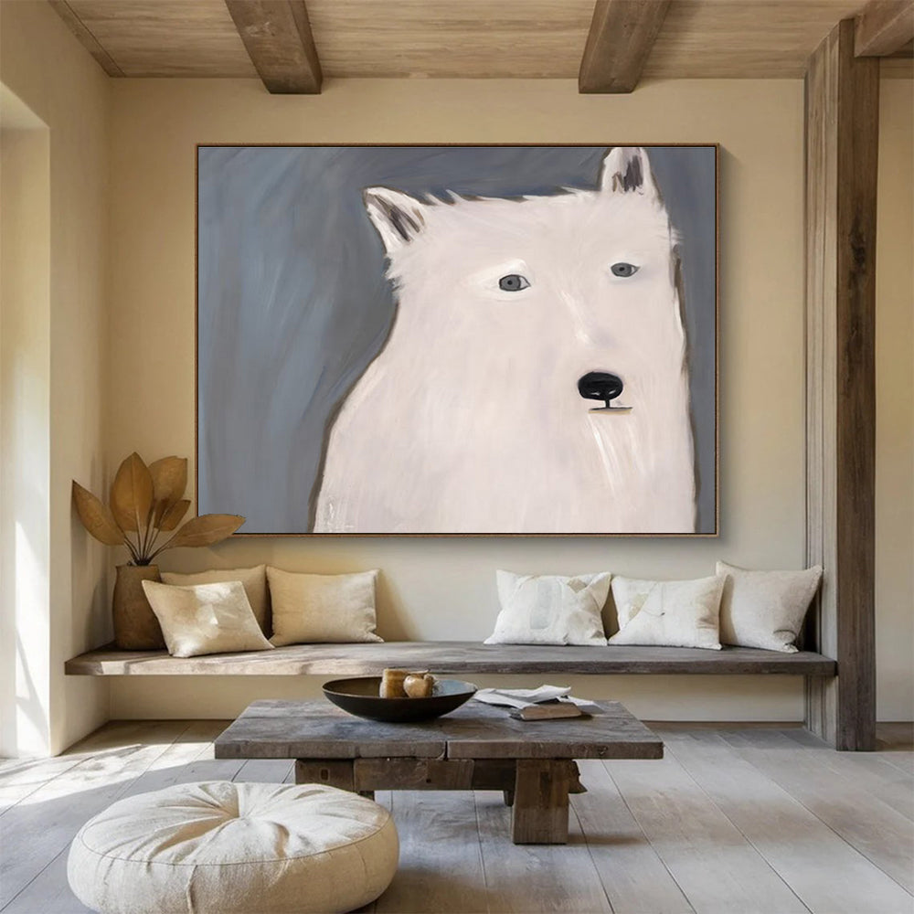 “Minimalist White Wolf” Abstract Portrait Painting On Canvas DKH422