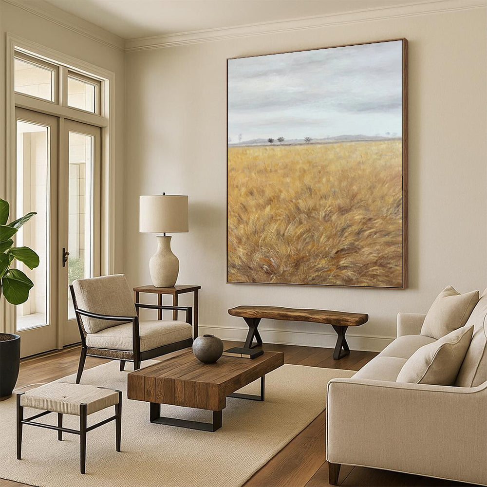 Golden Field Under Gray Sky - Landscape Painting On Canvas DKH1434