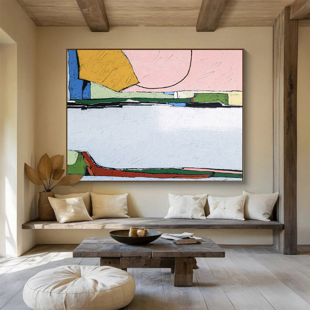 “Pink - Yellow Geometric Blocks” Abstract Acrylic Painting On Canvas DKH541