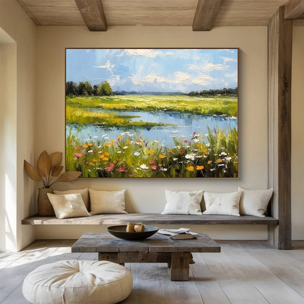 Colorful Meadow and Lake Landscape Painting On Canvas DKH271