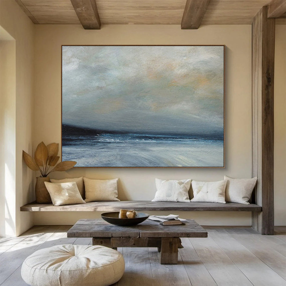 “Gray, Blue, Misty Ocean ‘Moody Maritime’” - Impressionist Seascape Painting On Canvas DLZ022