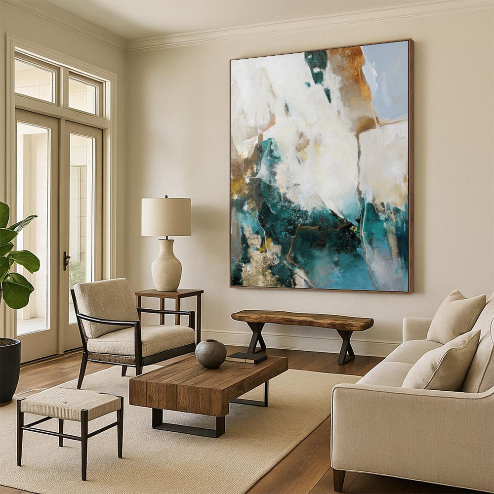 “Teal, Gold & White Abstract” - Teal, Gold & White Art Deco - Inspired Painting On Canvas DKH1013