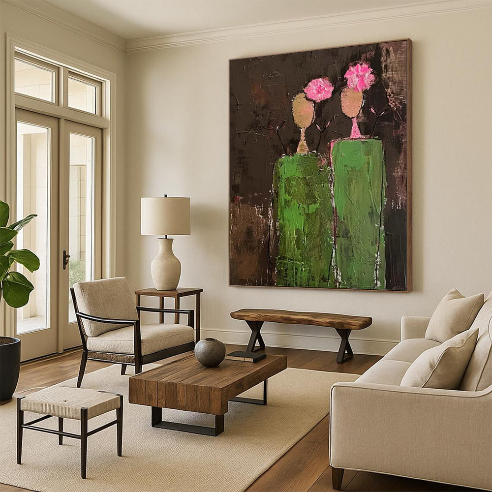 “Pink - Flowered Figure Abstract” - Naive Art - Inspired Painting On Canvas DTP080