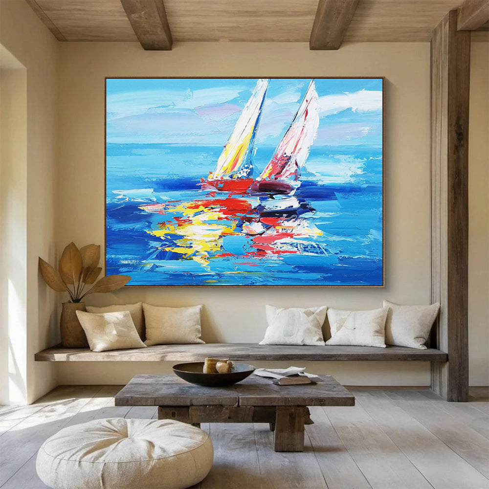 “Vibrant Sailboats at Sea” - Blue, Red & Yellow Impressionist Nautical Painting On Canvas DLZ266
