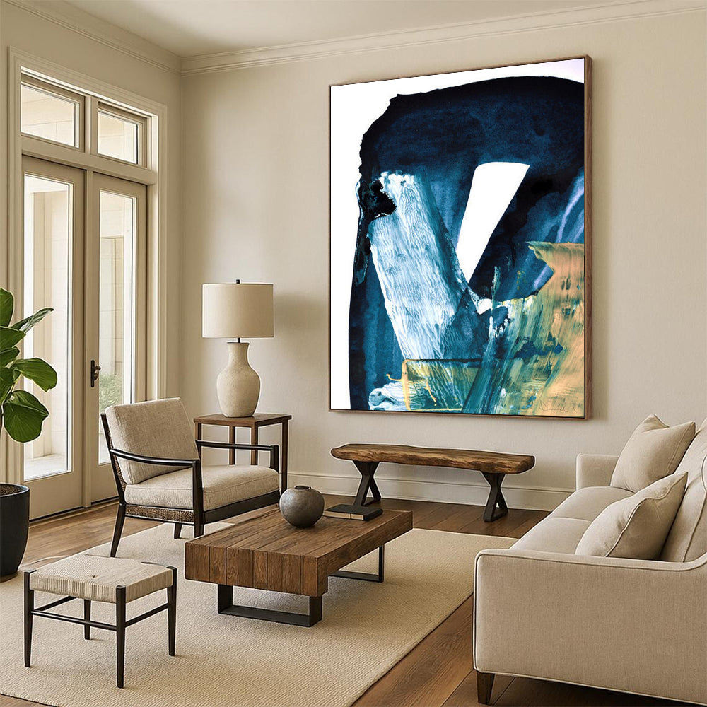 “Deep Blue - White - Gold Abstract” - Abstract Ink - Inspired Painting On Canvas DTP190