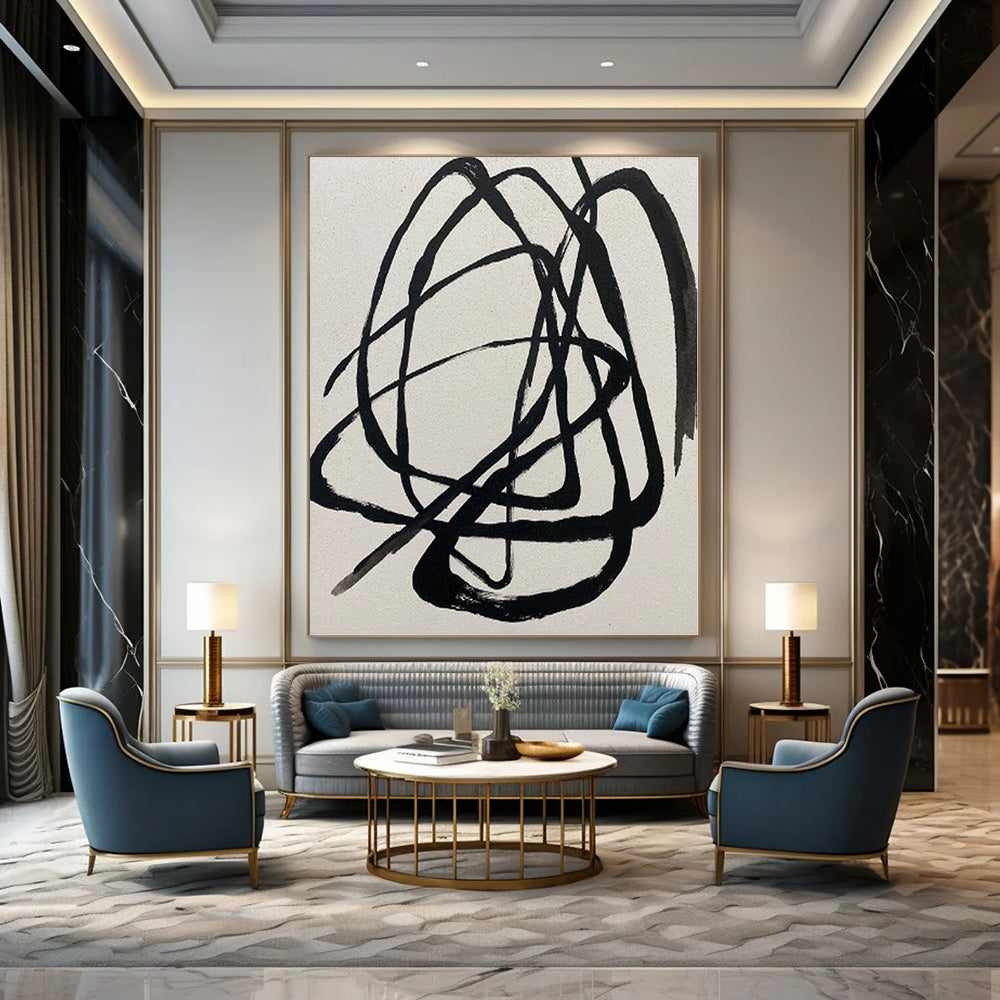 “Black Tangled Lines on White” – Expressive Abstract Painting CT1116