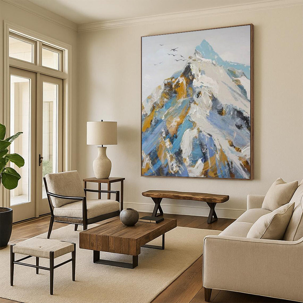 “Colorful Mountain Impasto” - Blue, White & Gold Textured Landscape Painting On Canvas DKH0955