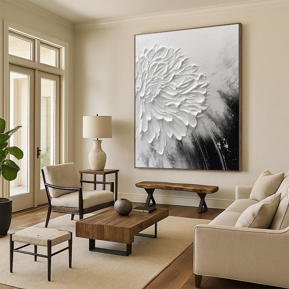 “Textured White Flower” - Black & White Floral Painting On Canvas CT2216