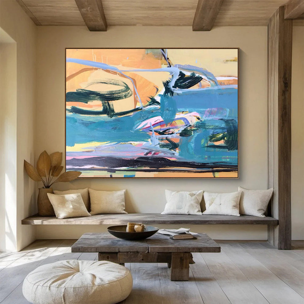 “Blue, Orange, Pink Coastal ‘Sunset Surf’” - Abstract Seascape Painting On Canvas DLZ007