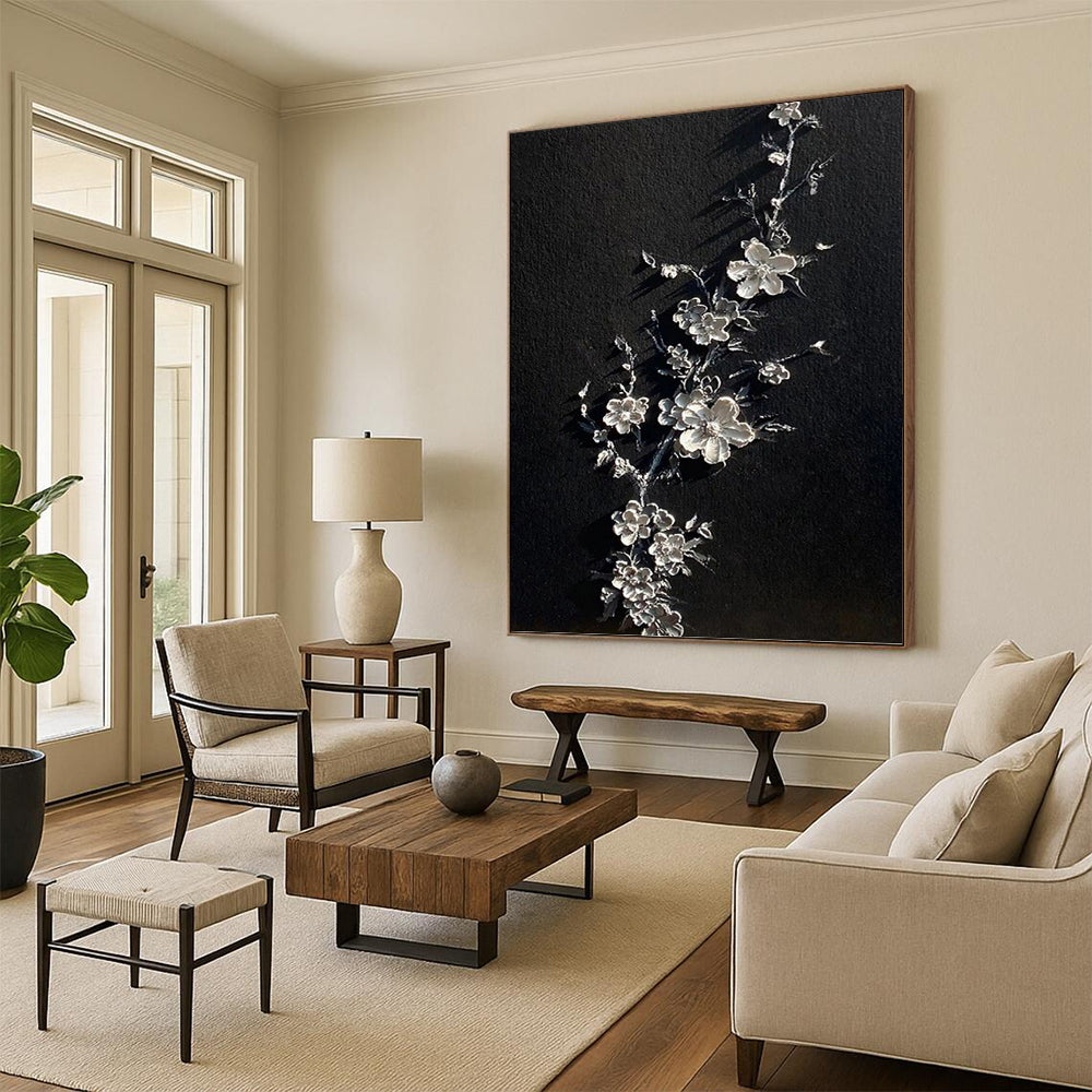 “Silver Blossoms” - Black & Silver 3D Floral Textured Painting On Canvas DKH1543