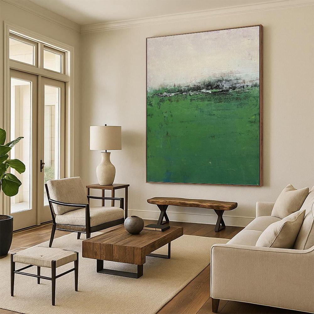 “Misty Green Field” - Green & Gray Abstract Landscape Painting On Canvas DKH1207