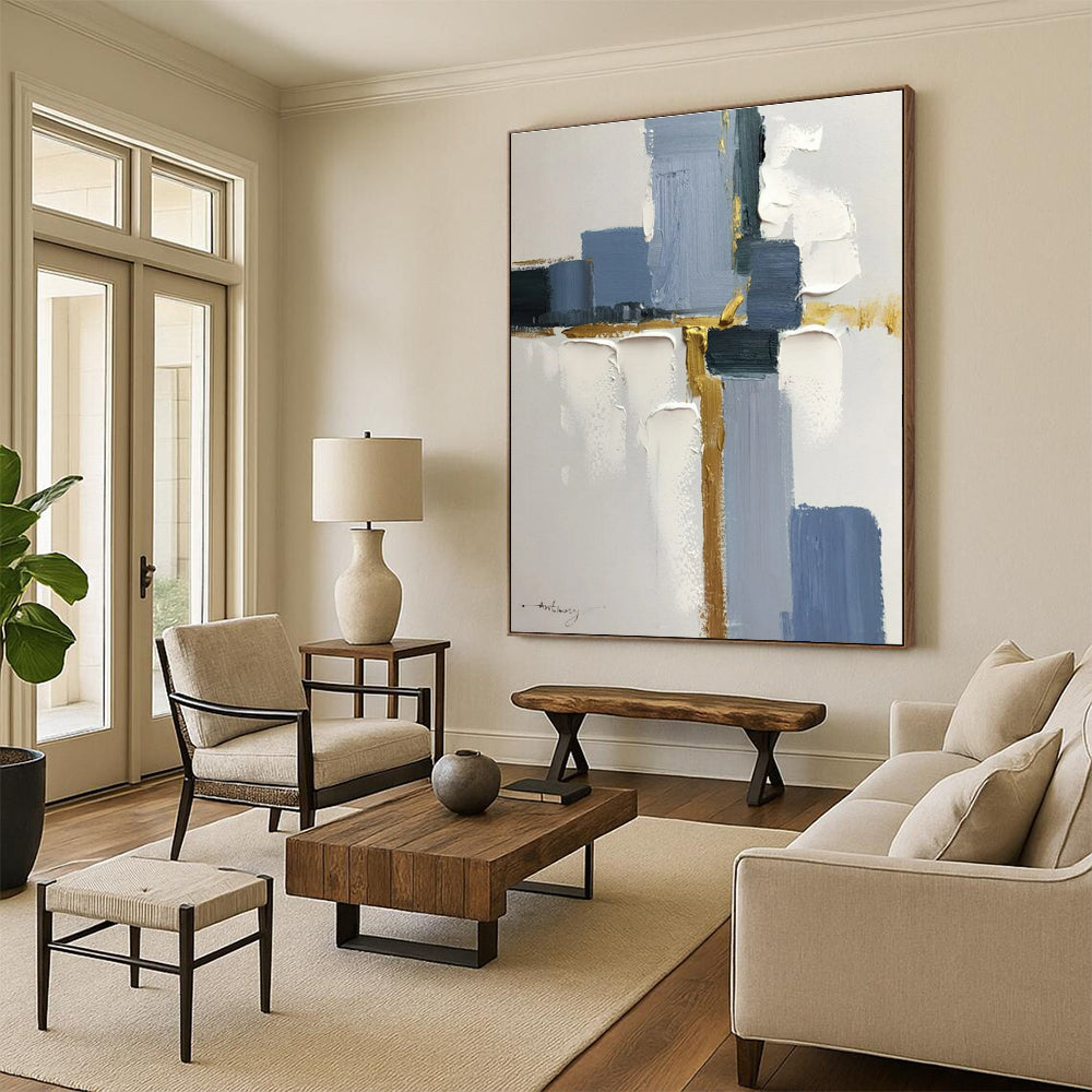 “Blue - White - Gold Geometric Abstraction” ,Abstract Acrylic Painting CT0805
